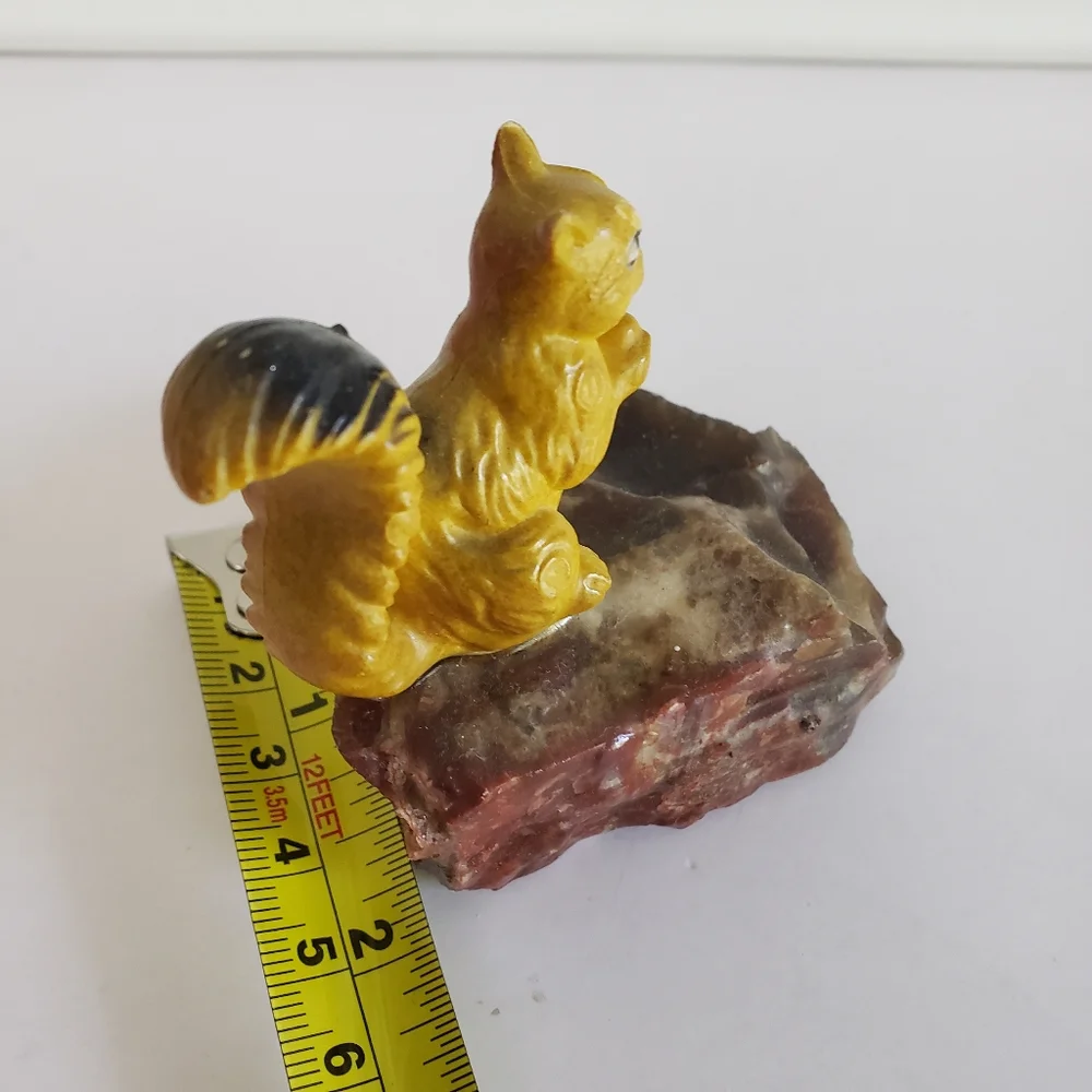 Vintage Squirrel Figurine on Natural Stone Base Ceramic Resin Collectible Decor